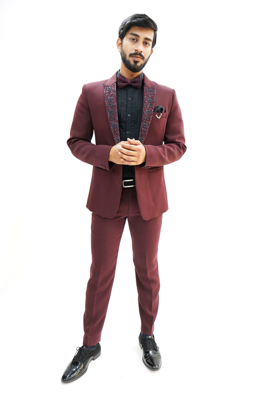 Wine Peak lapel Embroidered Wool Crepe 2-Piece Tuxedo