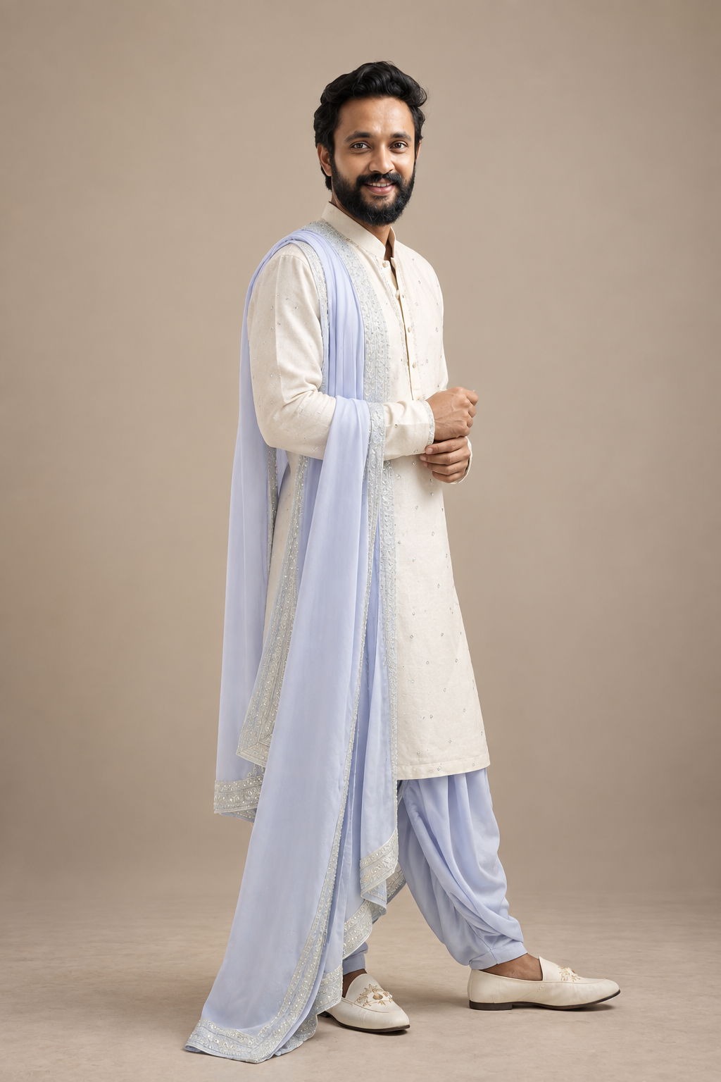 Silver Tissue Pattu Kurta for Men with Subtle Embroidery – Elegant Wedding & Festive Ethnic Wear