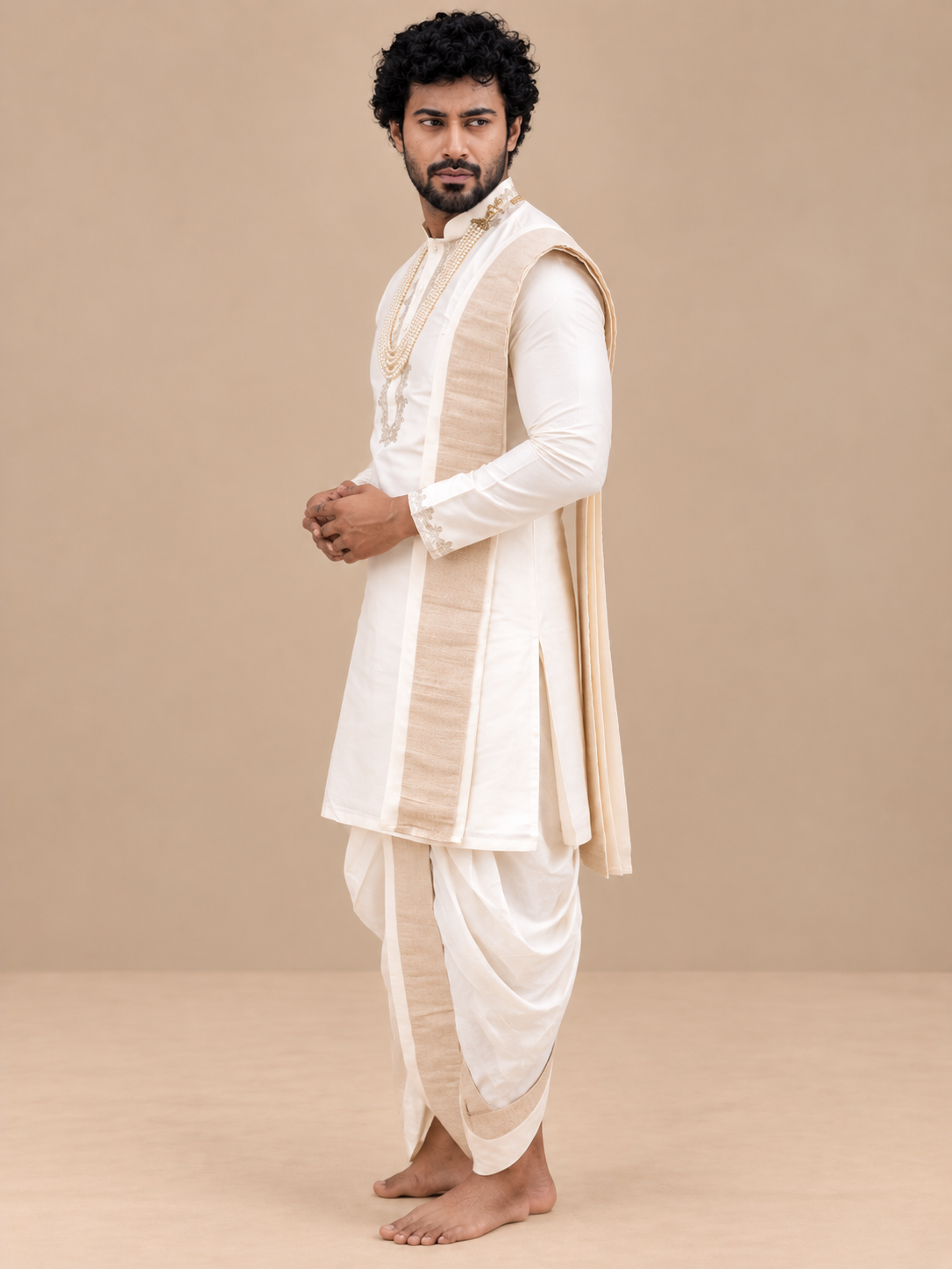 Men’s Ivory Silk Kurta with Pattu Pancha & Angavastram | Classic Minimal Wedding Dhoti Set