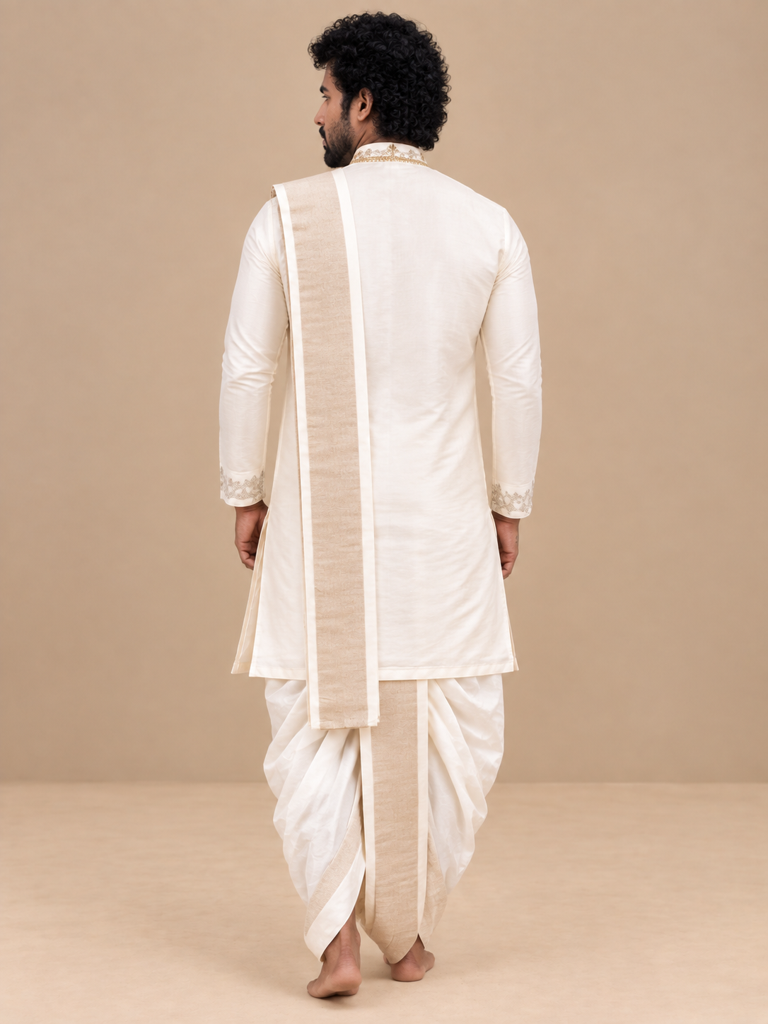 Men’s Ivory Silk Kurta with Pattu Pancha & Angavastram | Classic Minimal Wedding Dhoti Set