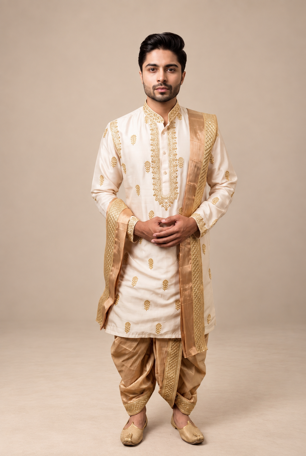 Men’s Beige Pure Silk Kurta with Pattu Pancha & Angavastram | Traditional Wedding Dhoti Set