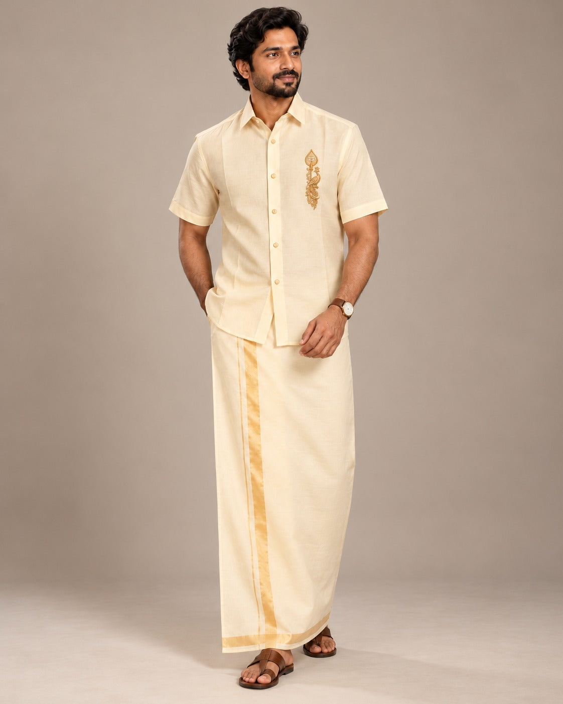 Ivory Murugan Vel Embroidered Pattu shirt (Divine Peacock)