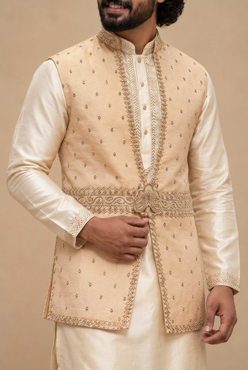 Champagne Gold Embroidered Nehru Jacket  (Royal Champagne)