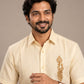 Ivory Murugan Vel Embroidered Pattu shirt (Divine Peacock)
