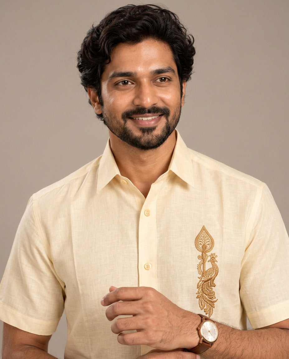 Ivory Murugan Vel Embroidered Pattu shirt (Divine Peacock)