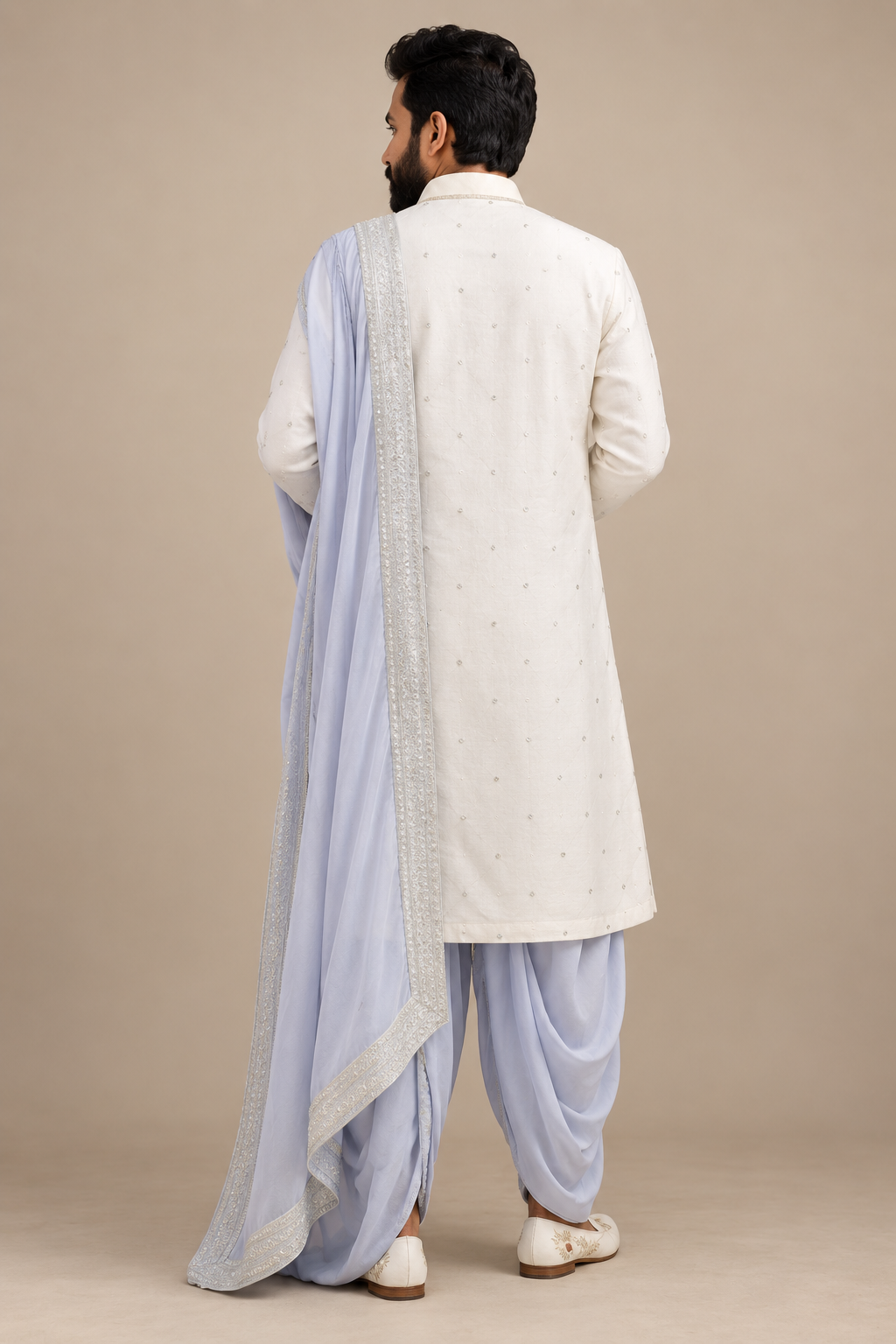 Silver Tissue Pattu Kurta for Men with Subtle Embroidery – Elegant Wedding & Festive Ethnic Wear