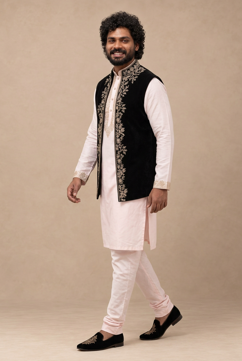 Black Floral Embroidered Nehru Jacket  (Midnight Royale)