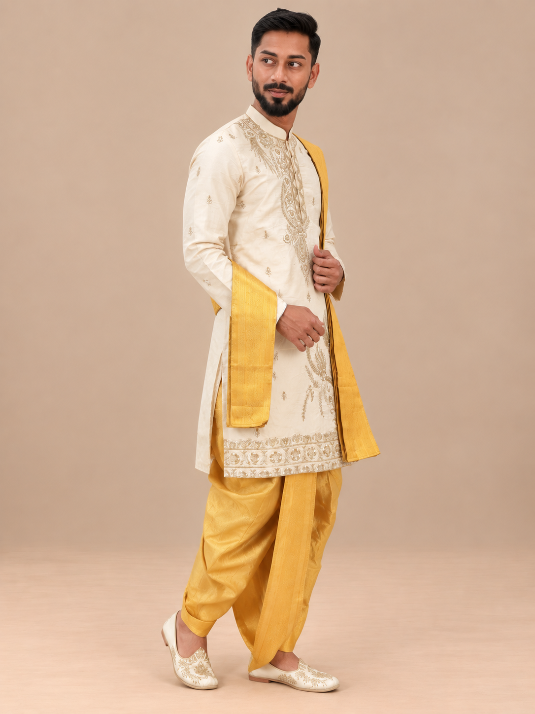 Cream Embroidered Kurta for Men with Gold Zari Work – Premium Wedding & Festive Ethnic Wear