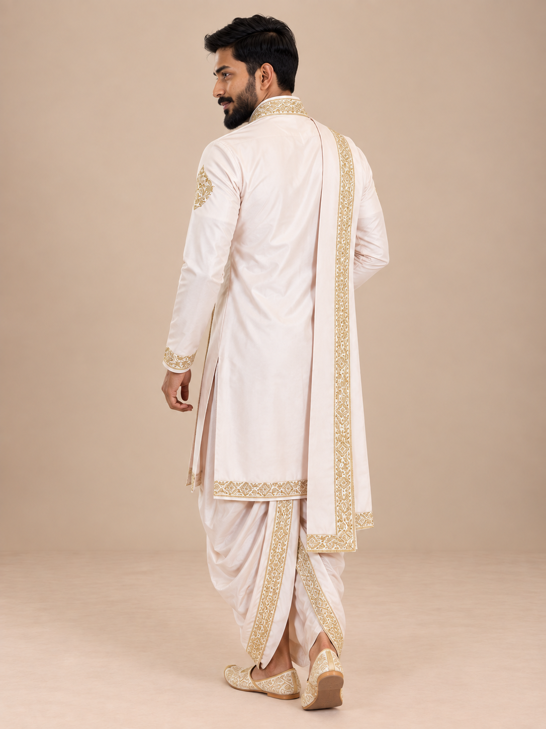 Ivory Embroidered Kurta Set with Traditional Dhoti & Gold Zari Stole for Men – Wedding & Festive Ethnic Wear