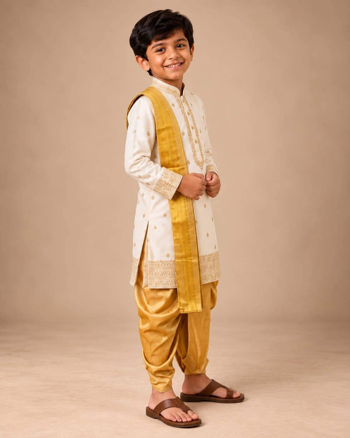 Boys Ivory & Gold 3-Piece Dhoti Set