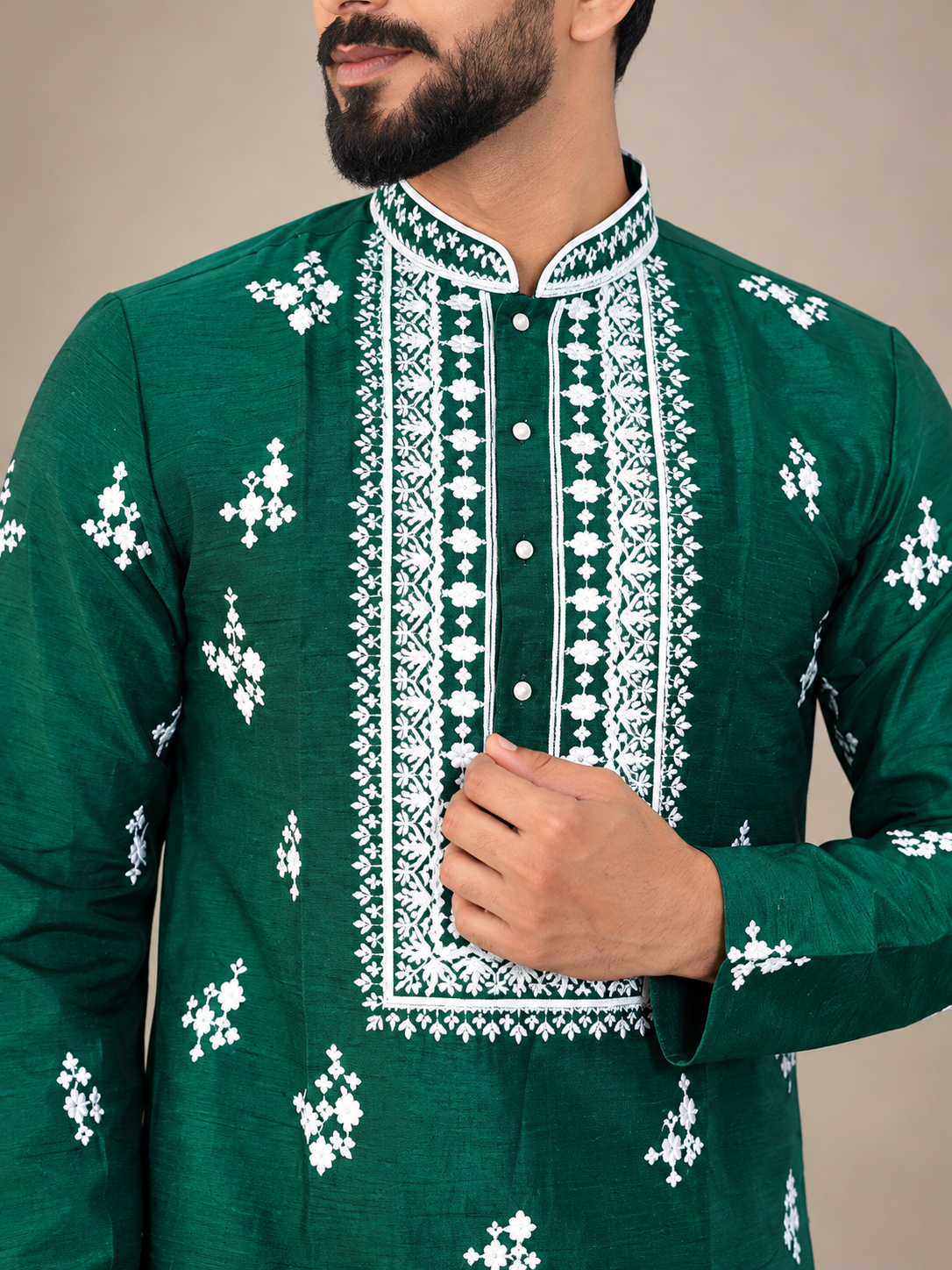 Bottle Green Embroidered Kurta