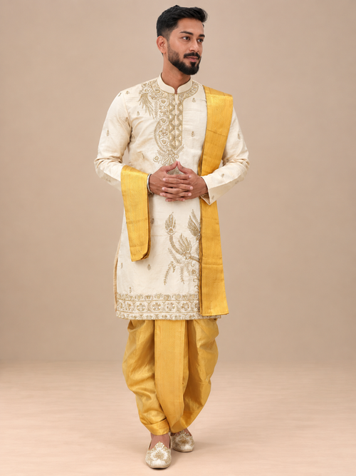 Cream Embroidered Kurta for Men with Gold Zari Work – Premium Wedding & Festive Ethnic Wear