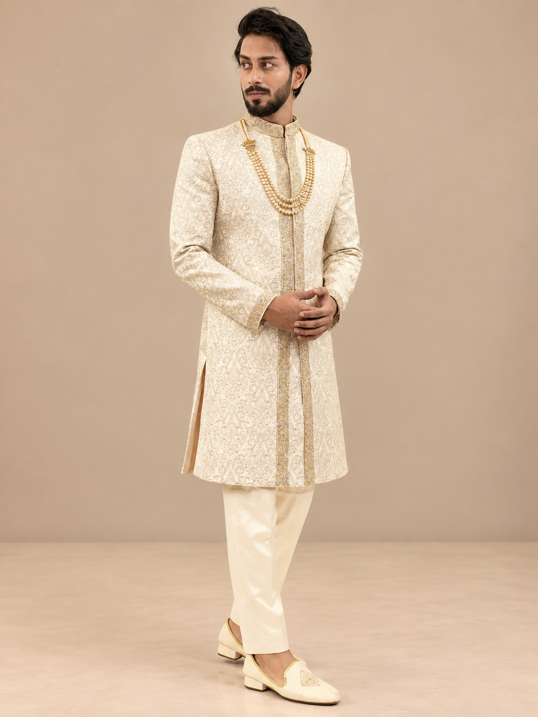 Self Embroided Sherwani With Hand Highlighted Placket Work