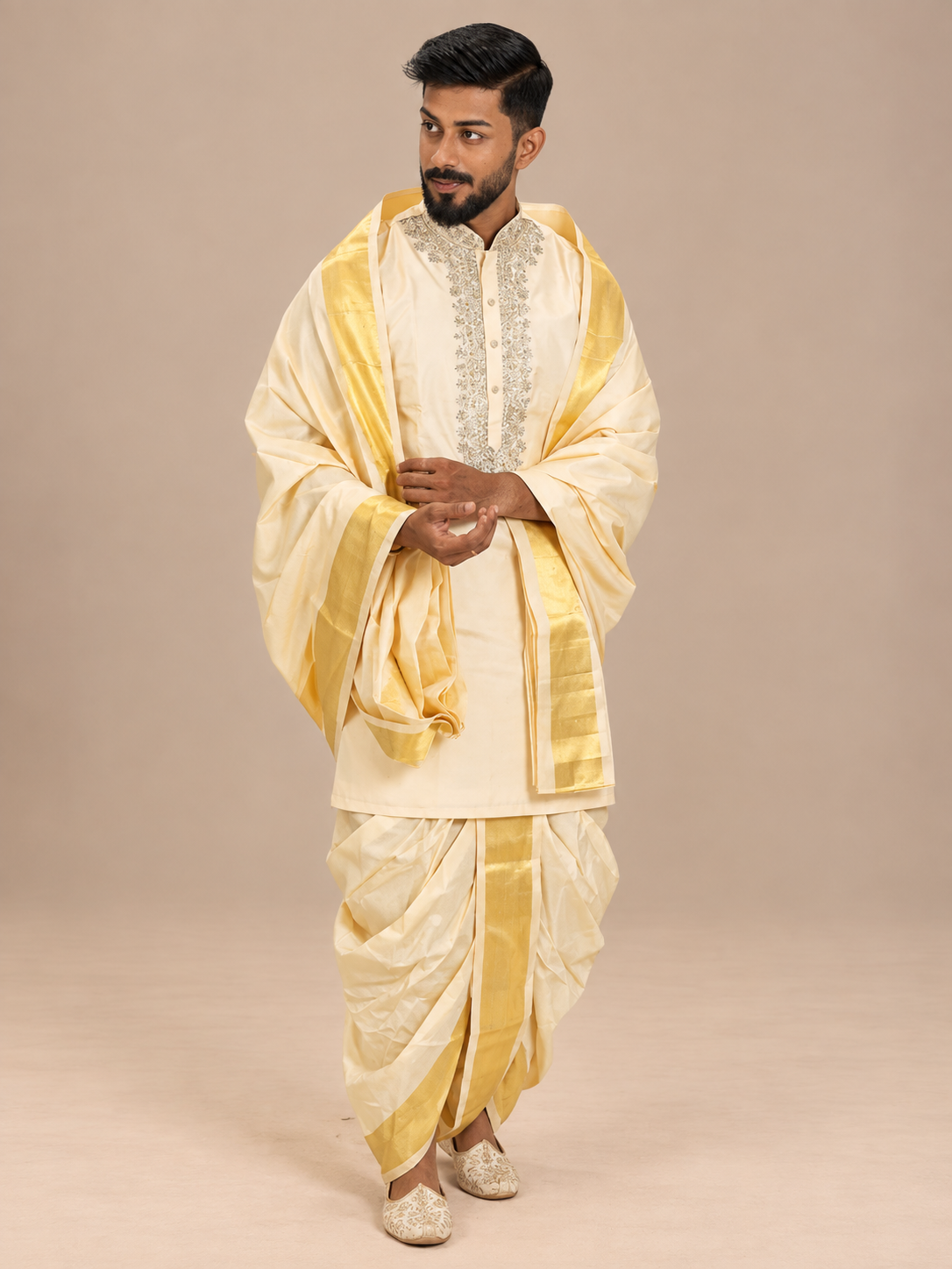 Golden Silk Embroidered Kurta for Men with Zari Work – Luxury Wedding & Festive Ethnic Wear