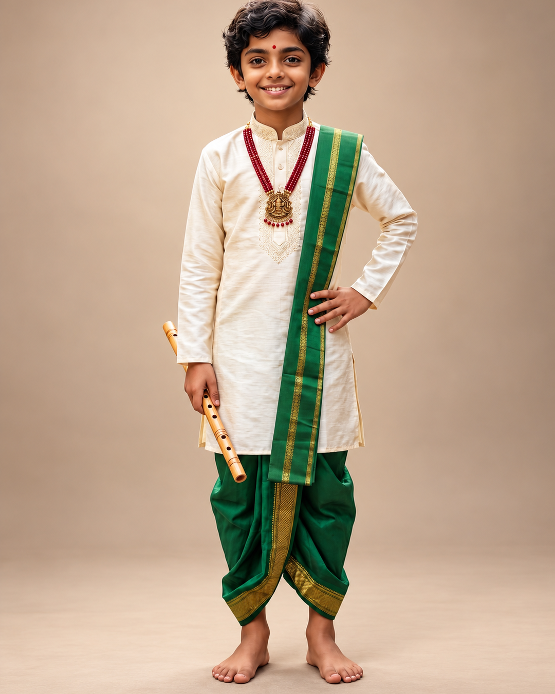 Boys Ivory & Emerald Green 3-Piece Dhoti Set