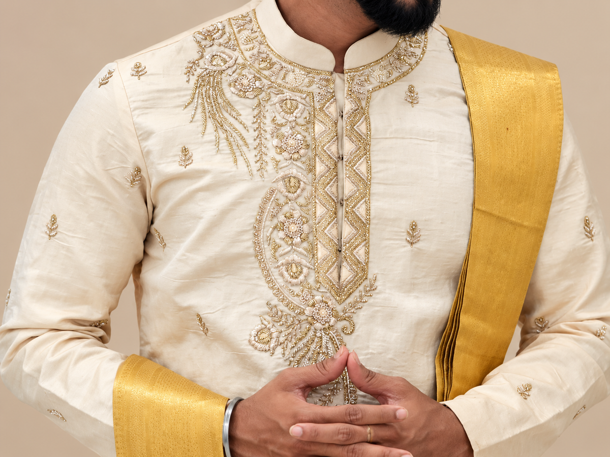 Cream Embroidered Kurta for Men with Gold Zari Work – Premium Wedding & Festive Ethnic Wear