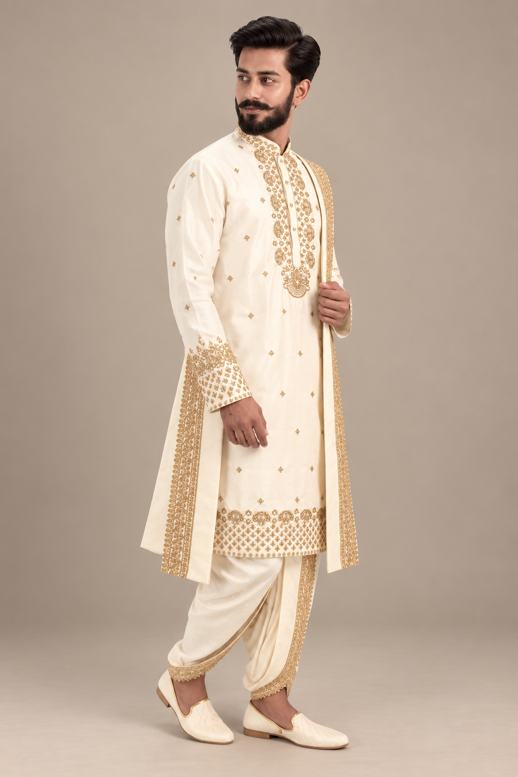 Cream Heavy all Over Embroidered Pure Pattu Kurta-Set