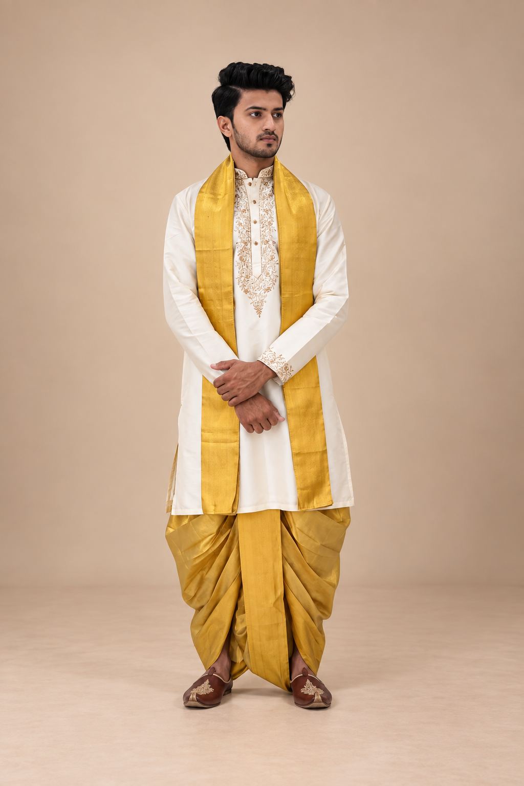White Embroidered Kurta for Men with Gold Zari Detailing – Premium Wedding & Festive Ethnic Wear