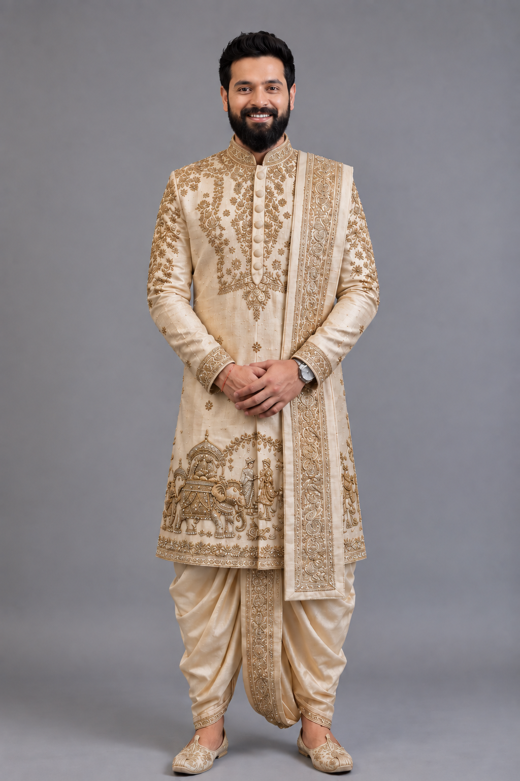 Royal Heritage Gold Embroidered kurta for Men – Luxury Groom Wear with Dhoti Pants