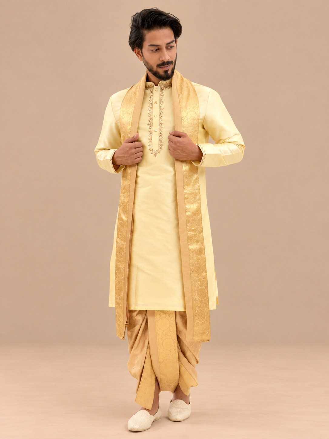 Cream gold semi pattu pancha set with zari work