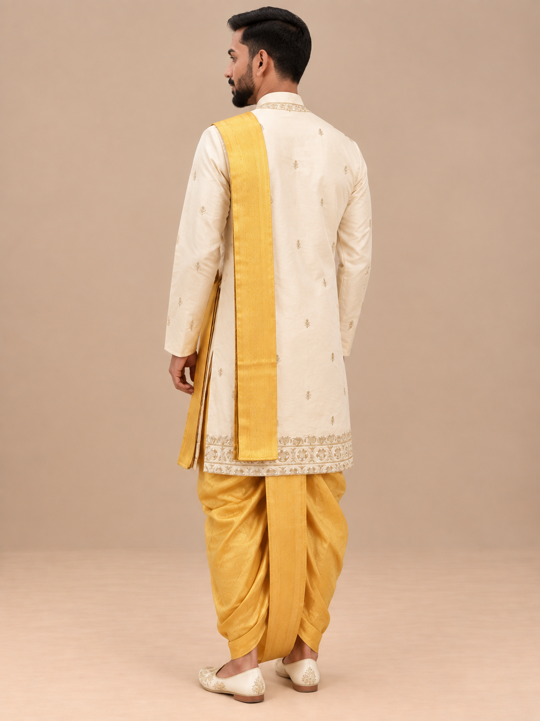 Cream Embroidered Kurta for Men with Gold Zari Work – Premium Wedding & Festive Ethnic Wear