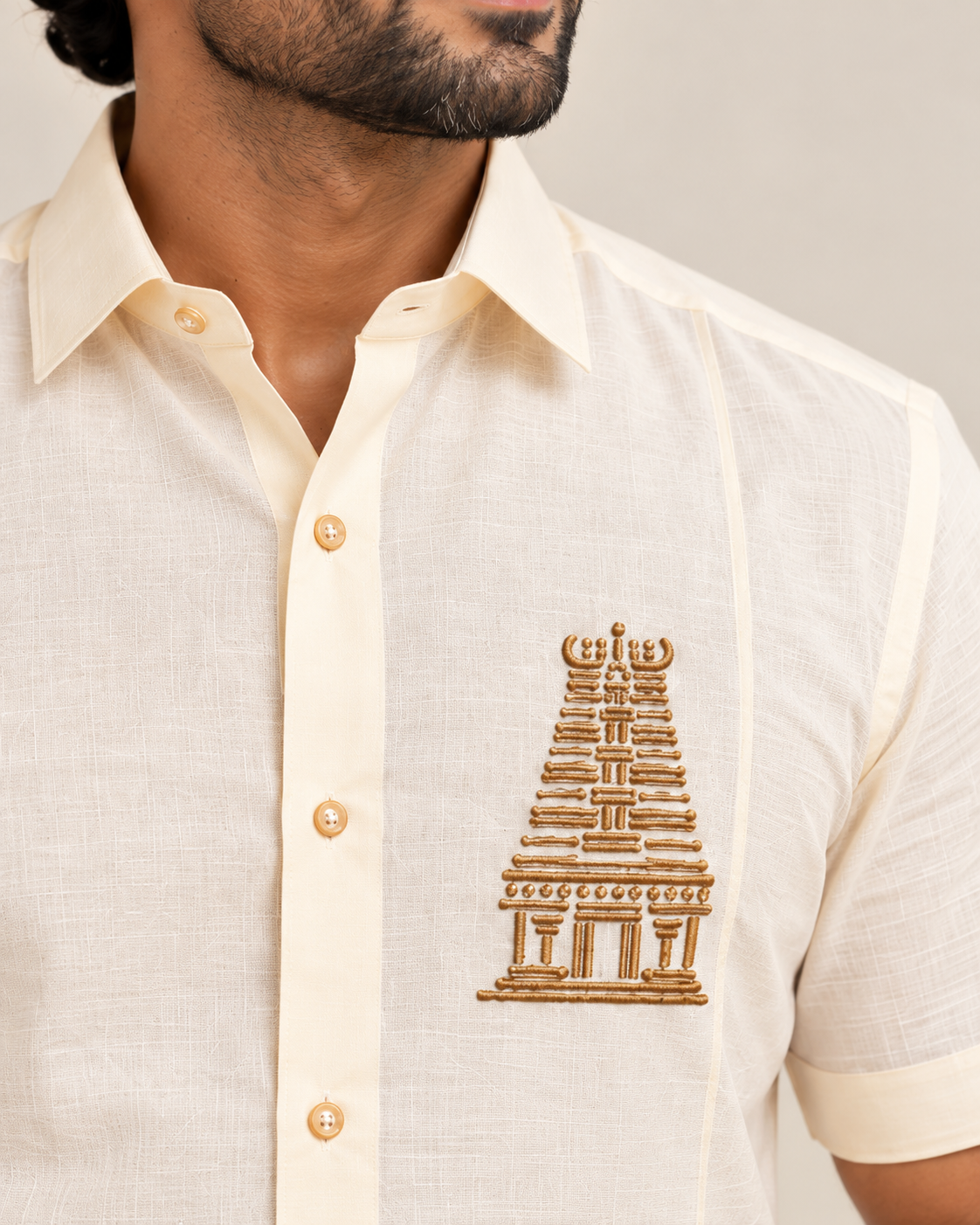Ivory Temple Motif Pattu shirt  (Divine Heritage)