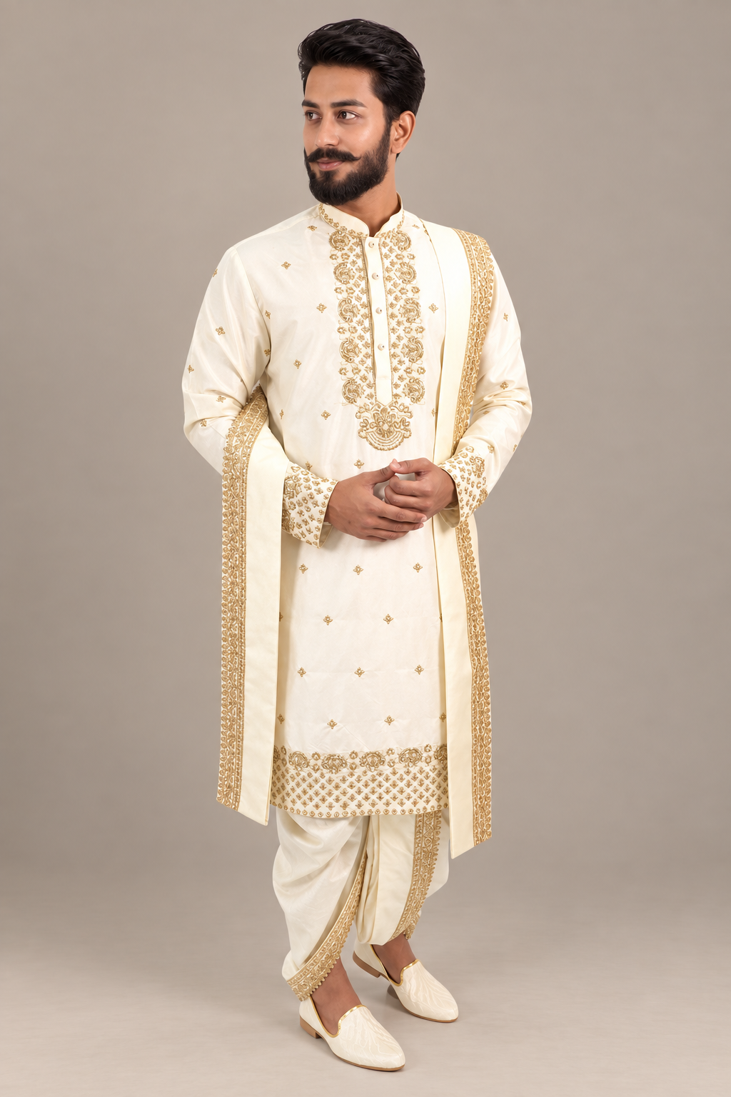Cream Heavy all Over Embroidered Pure Pattu Kurta-Set