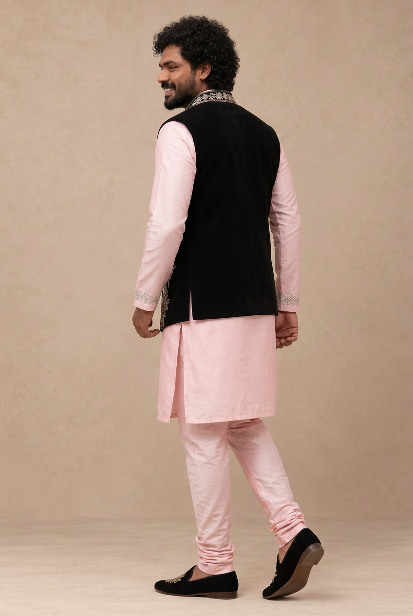 Black Floral Embroidered Nehru Jacket  (Midnight Royale)
