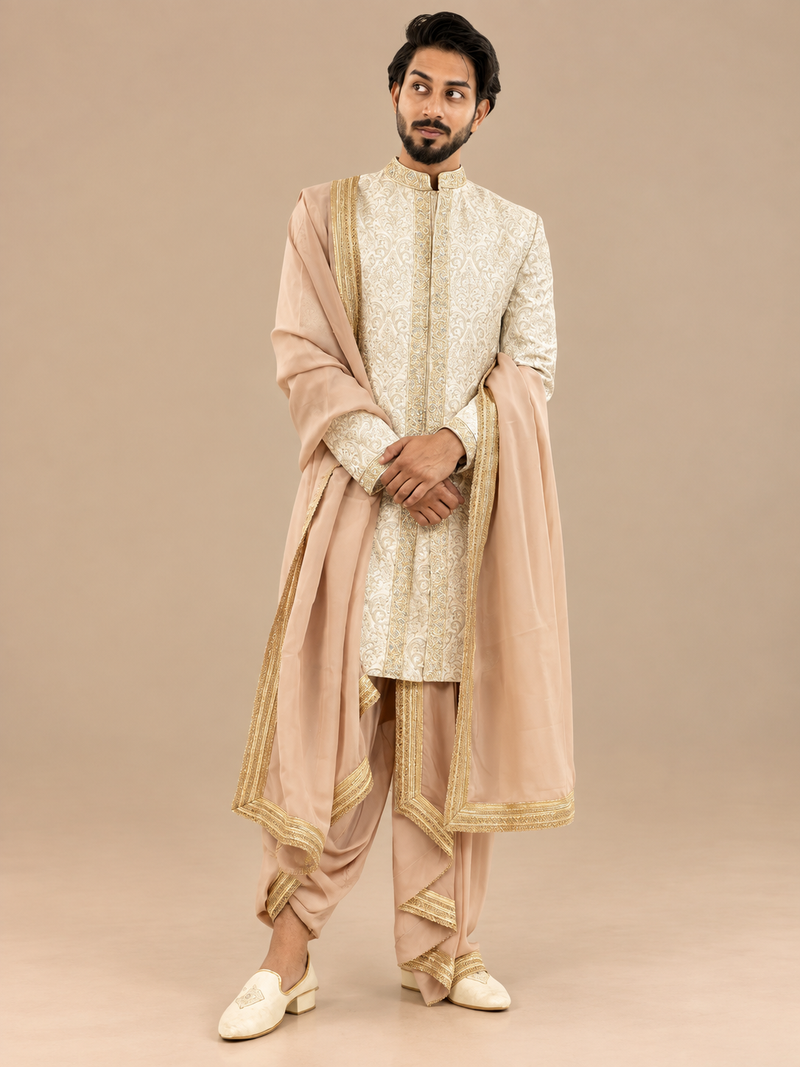 Self Embroided Sherwani With Hand Highlighted Placket Work