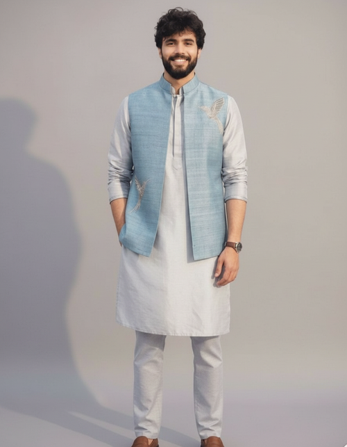 Powder Blue Nehru Jacket Kurta Set for Men – Wedding & Festive Wear