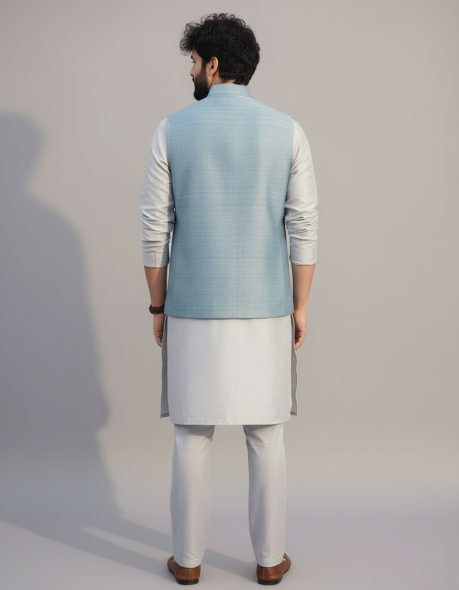 Powder Blue Nehru Jacket Kurta Set for Men – Wedding & Festive Wear