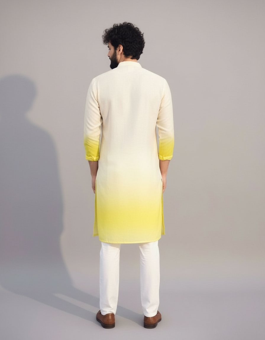 White to Yellow Ombre Printed Kurta Set for Men – Festive & Summer Wear
