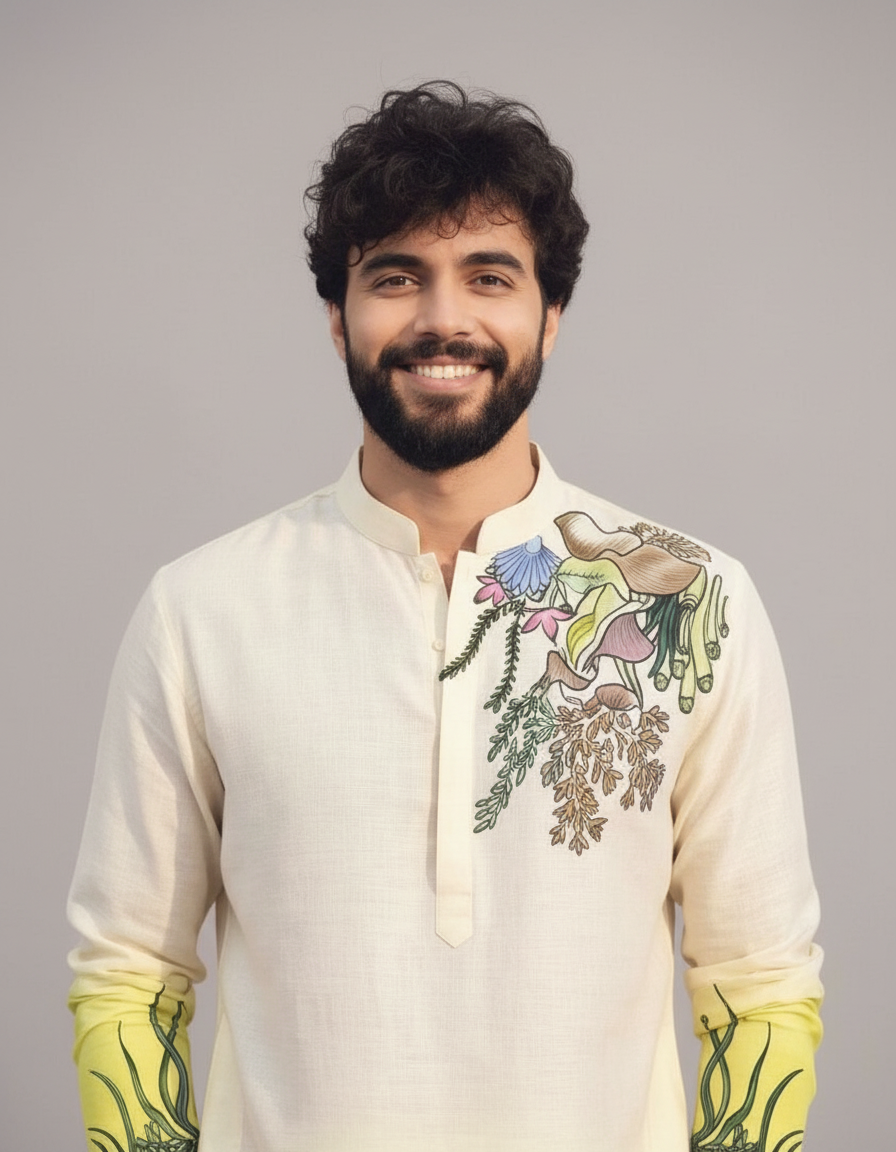 White to Yellow Ombre Printed Kurta Set for Men – Festive & Summer Wear