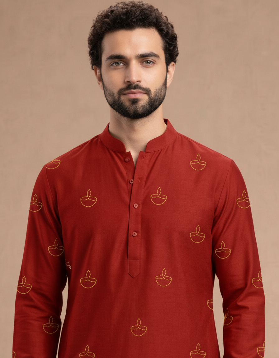 Men’s Red Ethnic Kurta Set with Traditional Illustration