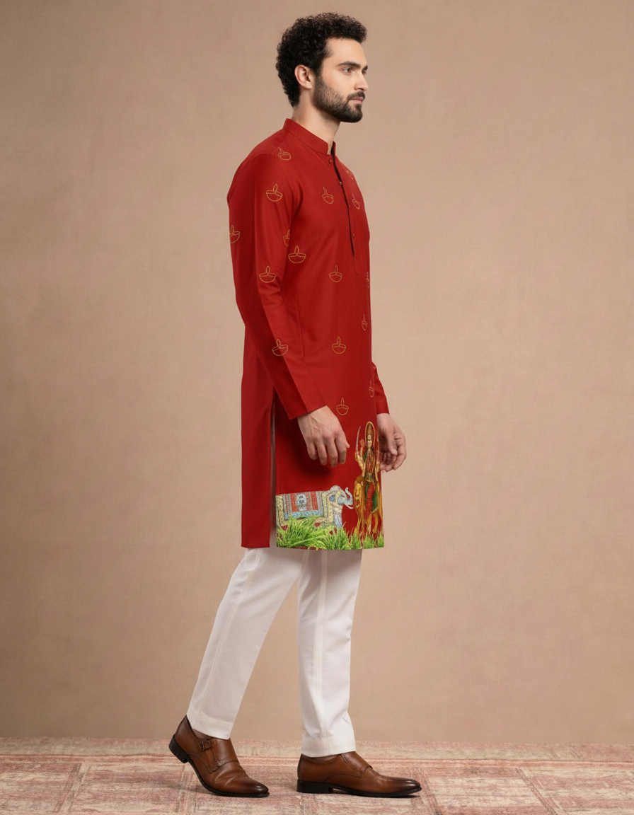 Men’s Red Ethnic Kurta Set with Traditional Illustration