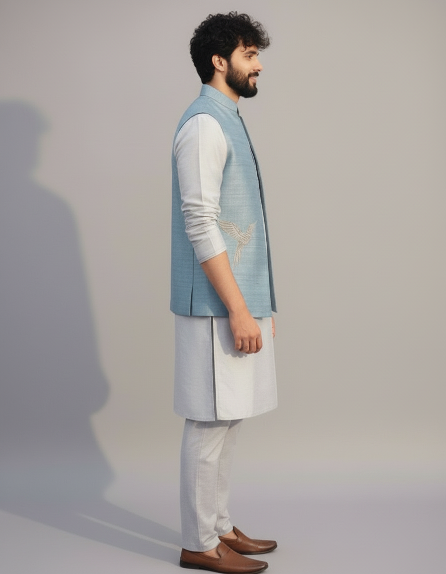 Powder Blue Nehru Jacket Kurta Set for Men – Wedding & Festive Wear