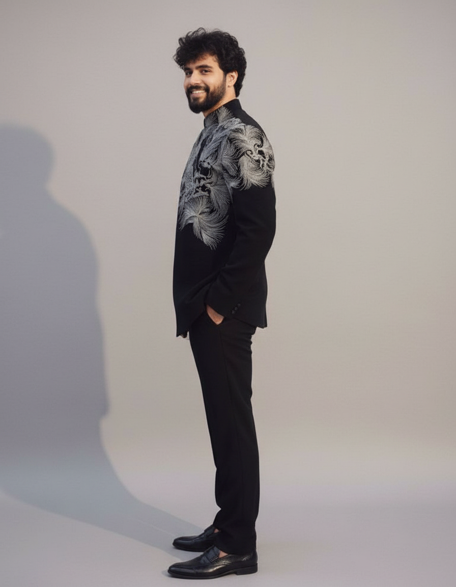 Black Embroidered Indo-Western Bandhgala Set for Men – Wedding & Party Wear