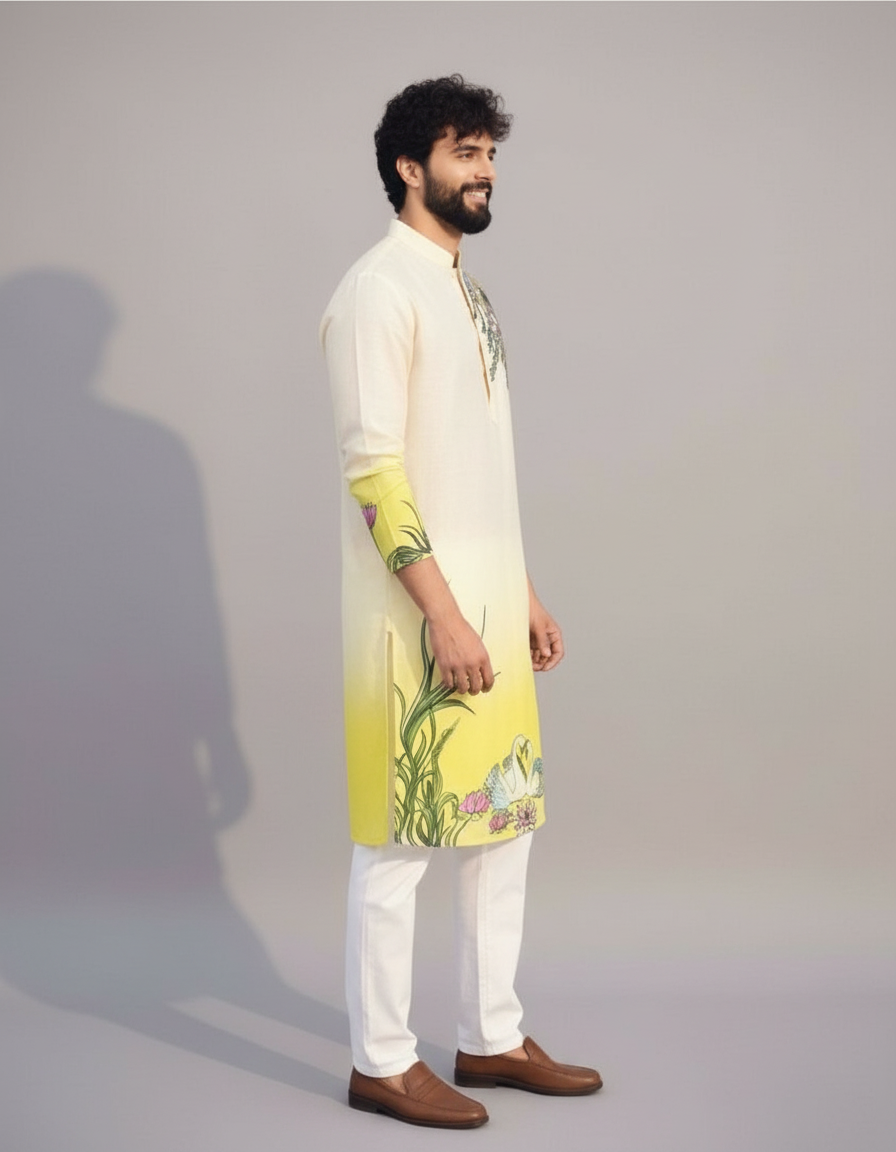 White to Yellow Ombre Printed Kurta Set for Men – Festive & Summer Wear