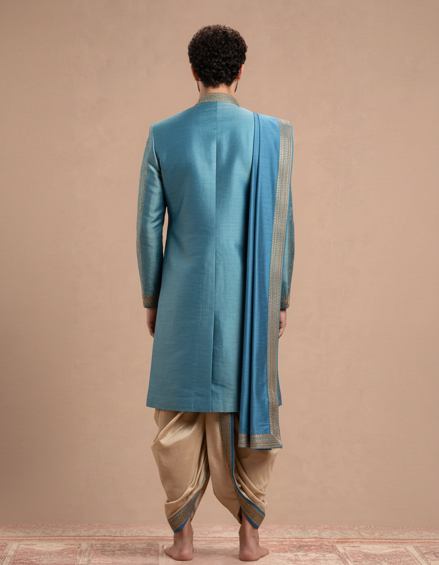 Luxurious Teal Blue Zari Embroidered Sherwani