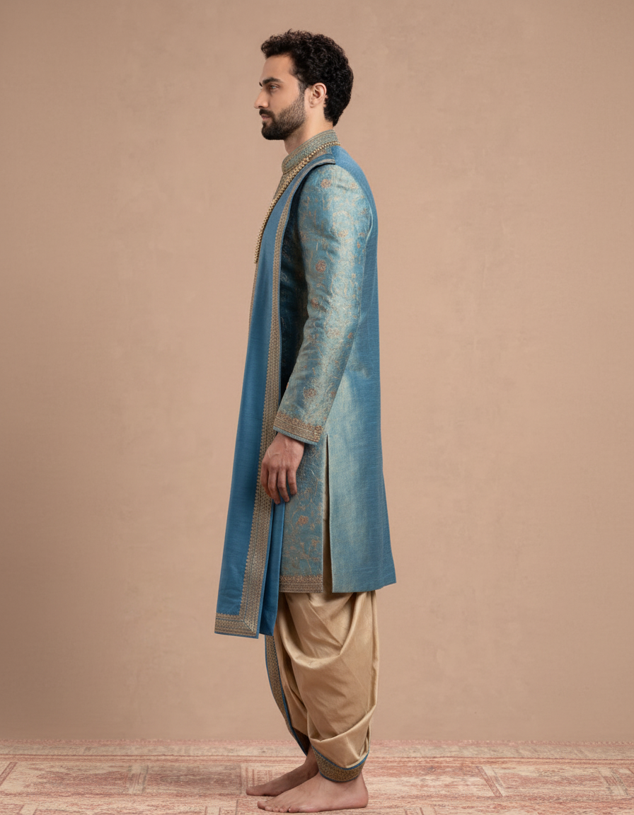Luxurious Teal Blue Zari Embroidered Sherwani