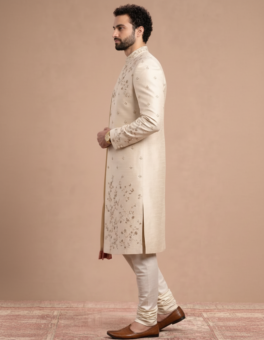 Timeless Romance: Cream Silk Sherwani with Floral Threadwork