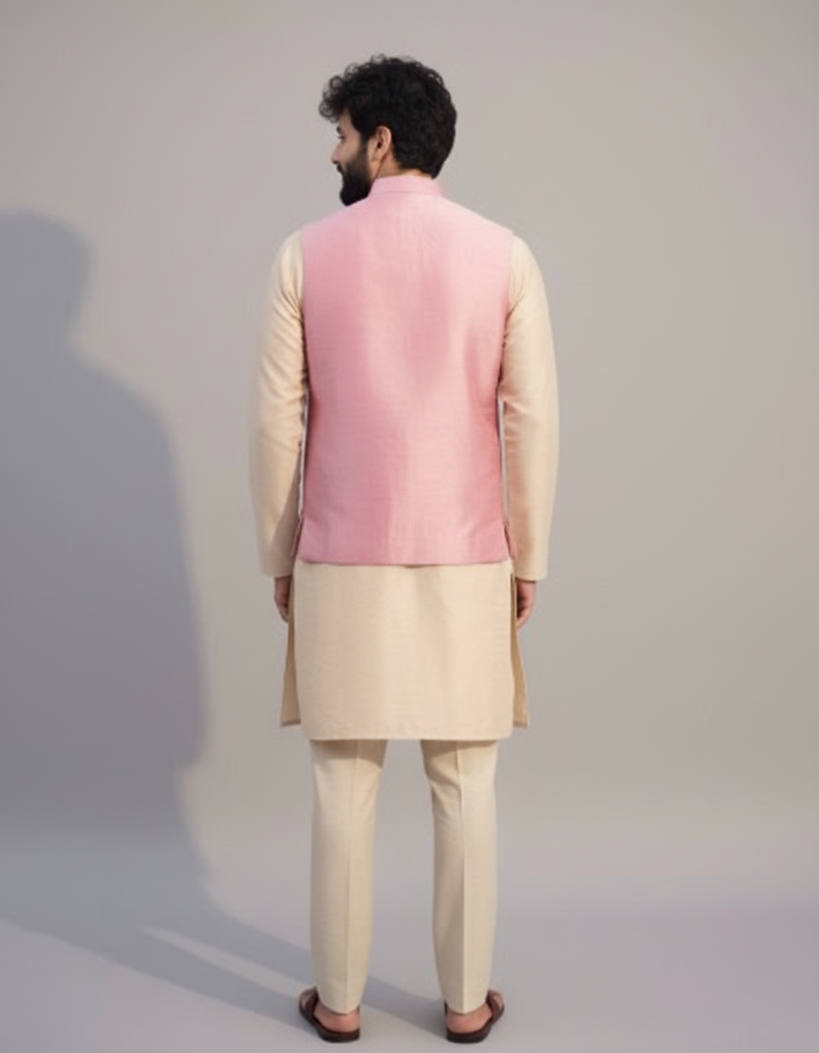Men’s Pastel Pink Embroidered Nehru Jacket Set – Designer Sadri with Kurta Pajama