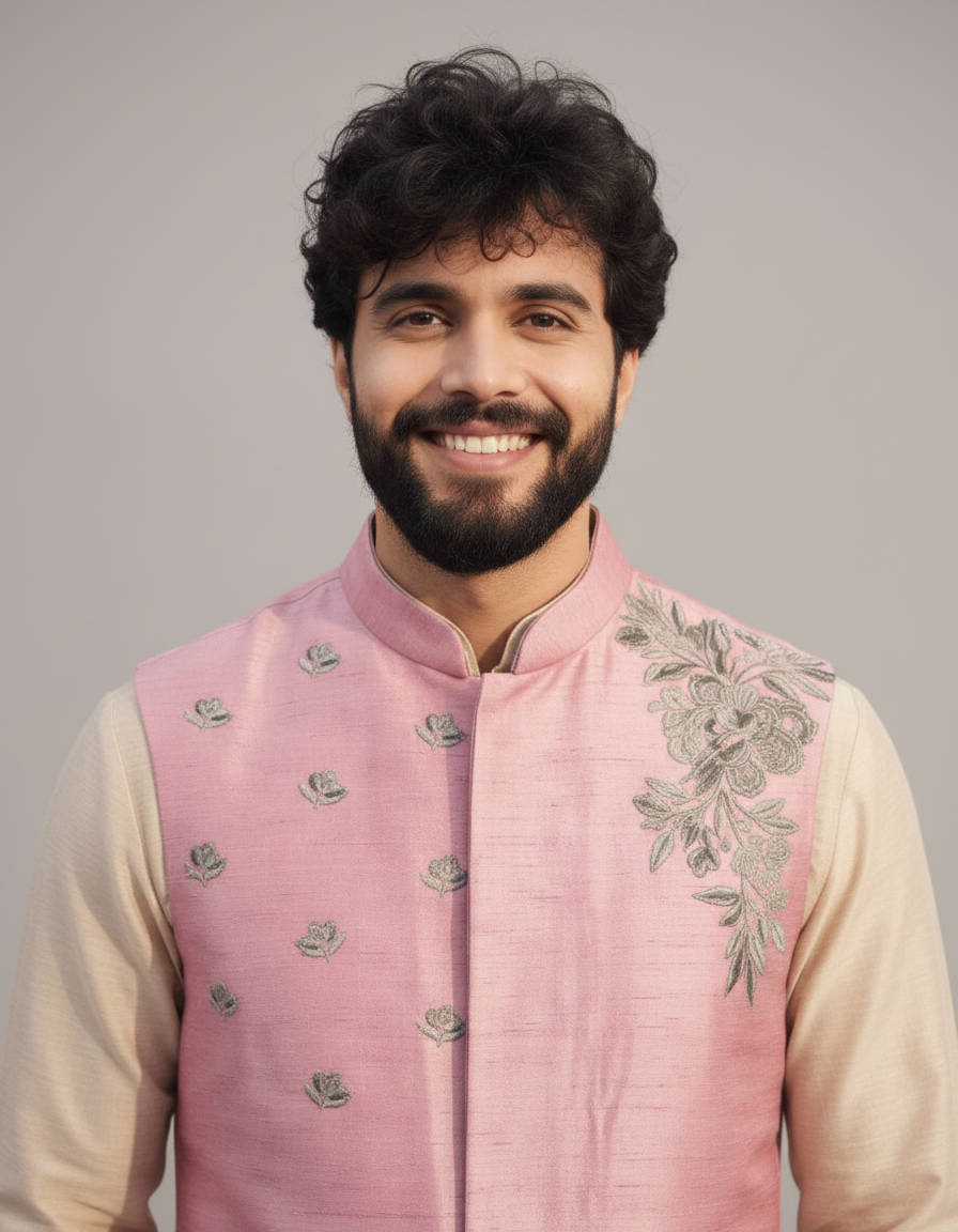 Men’s Pastel Pink Embroidered Nehru Jacket Set – Designer Sadri with Kurta Pajama