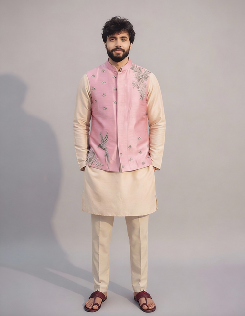 Men’s Pastel Pink Embroidered Nehru Jacket Set – Designer Sadri with Kurta Pajama