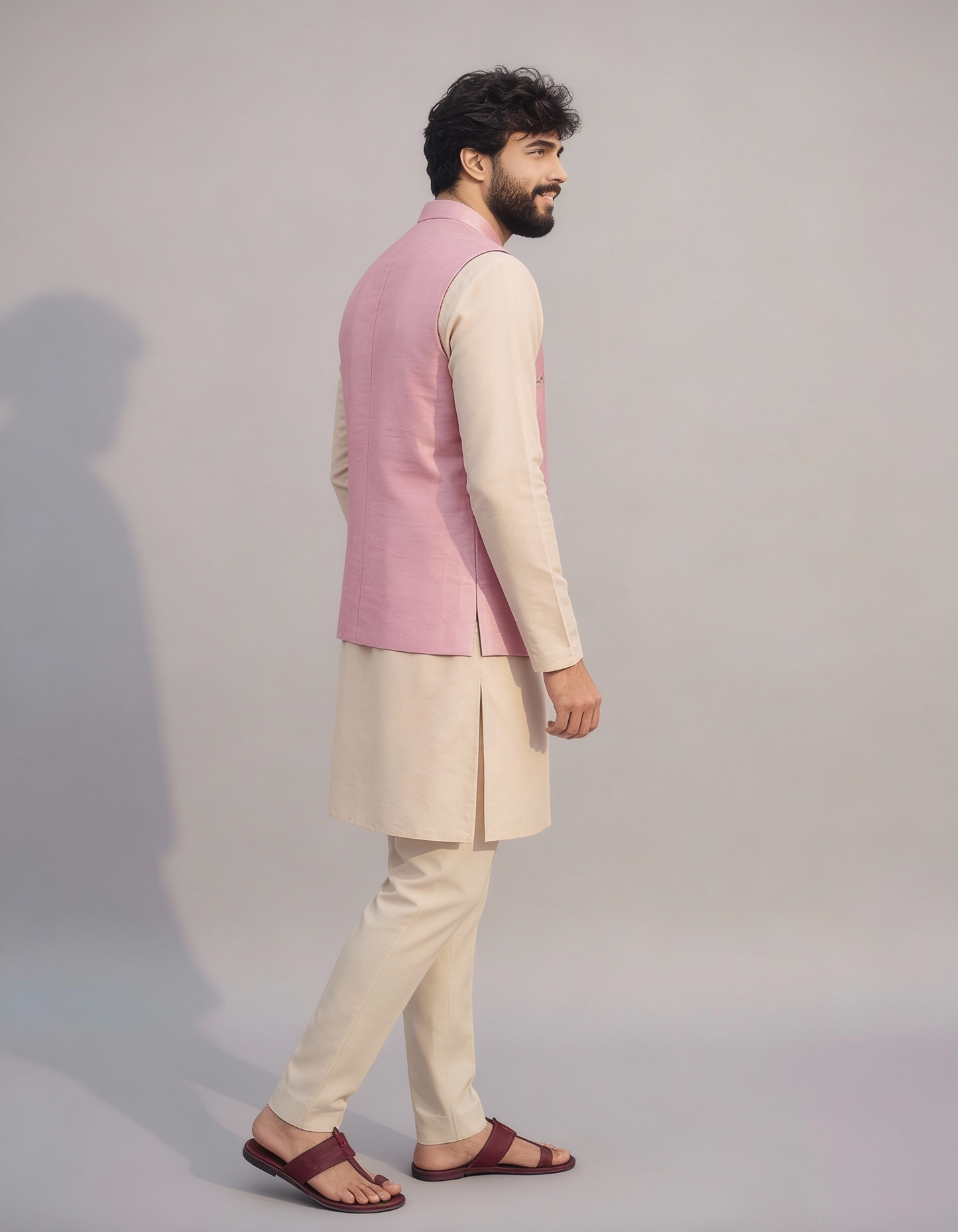 Men’s Pastel Pink Embroidered Nehru Jacket Set – Designer Sadri with Kurta Pajama
