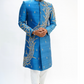 French Blue Pure Raw Silk Sherwani Set with Floral Wave Zardosi Work.
