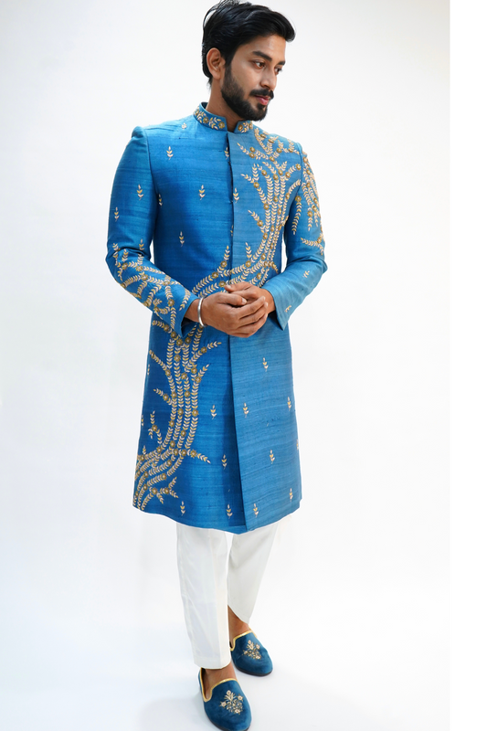 French Blue Pure Raw Silk Sherwani Set with Floral Wave Zardosi Work.