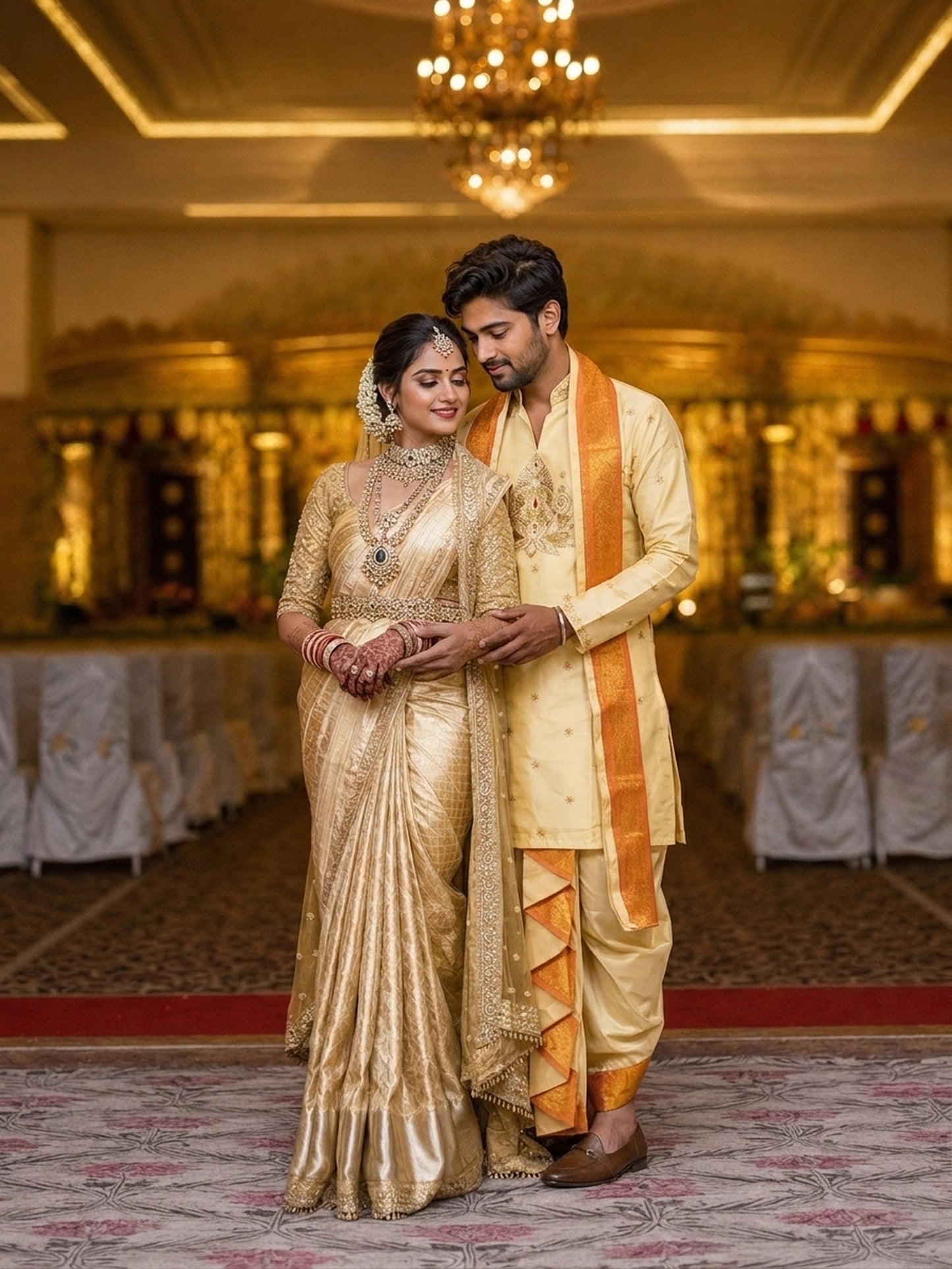 Ivory Gold Balaji Embroidered with Pomna Pattu Pancha Set
