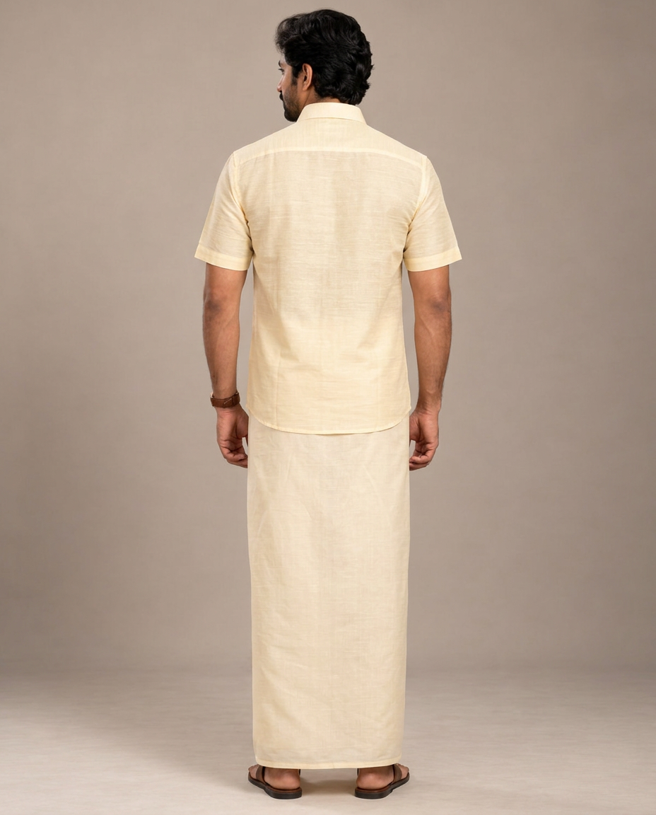 Men's Cream Gold Pattu Silk Shirt and Pancha Set (Shankha Elegance)