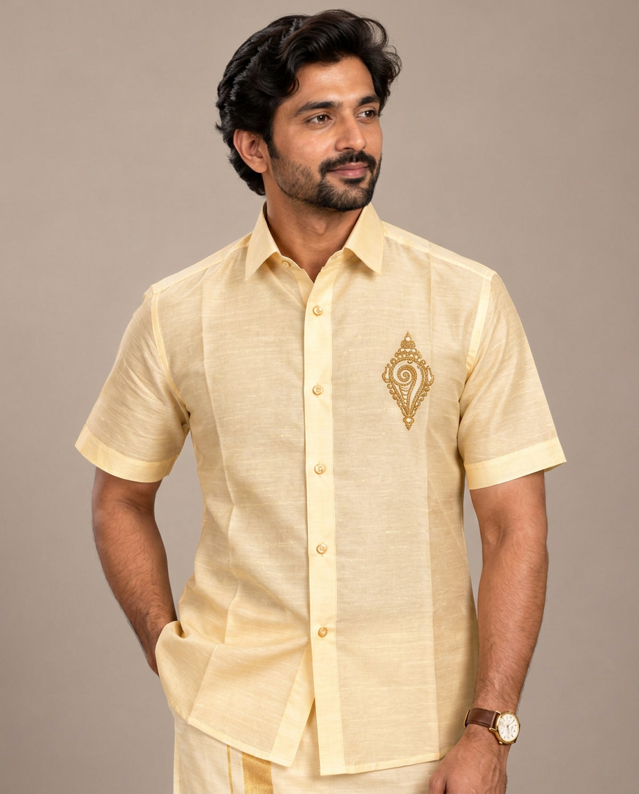 Men's Cream Gold Pattu Silk Shirt and Pancha Set (Shankha Elegance)